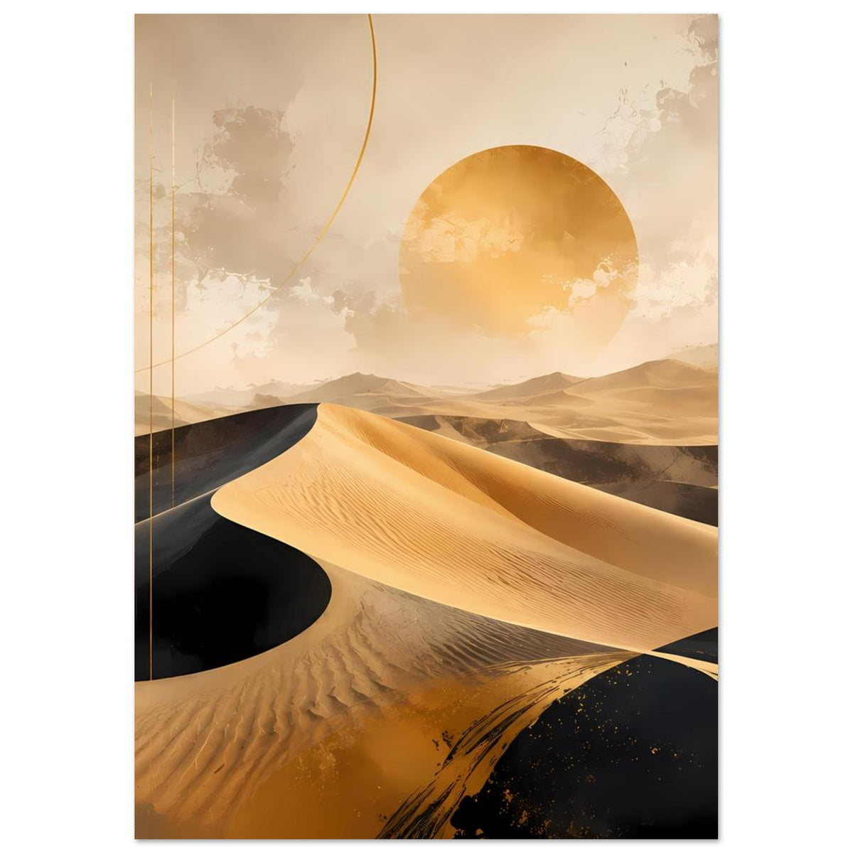 Wüstenposter mit goldenen Dünen, schwarzem Sand und Sonnenscheibe