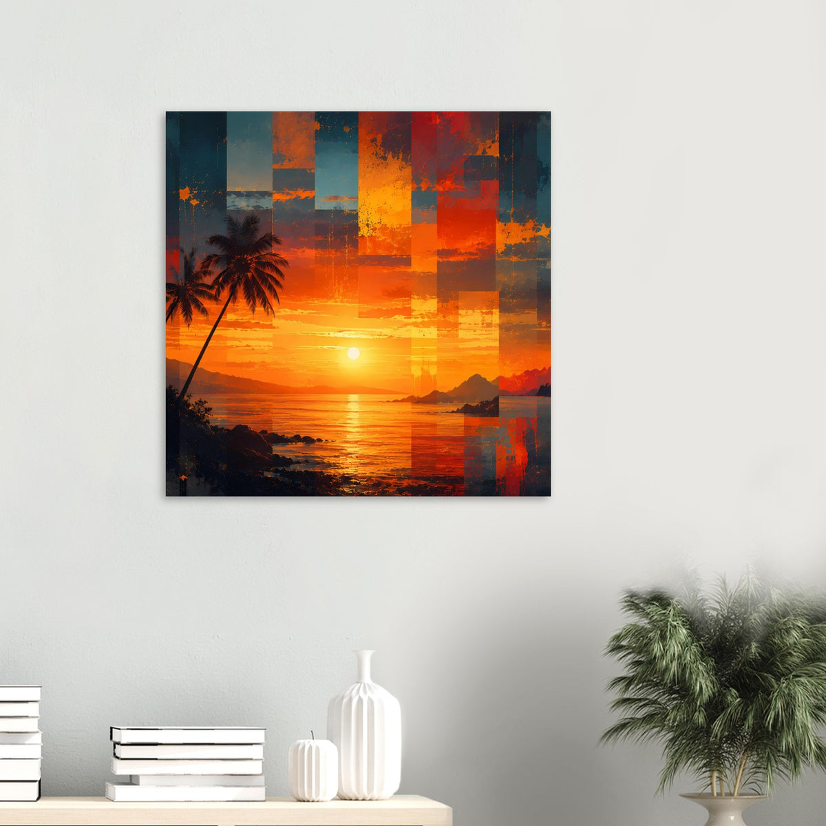 Kleines Kunstposter mit Sonnenuntergang über Meer, Palme links, Orange Patchwork-Optik