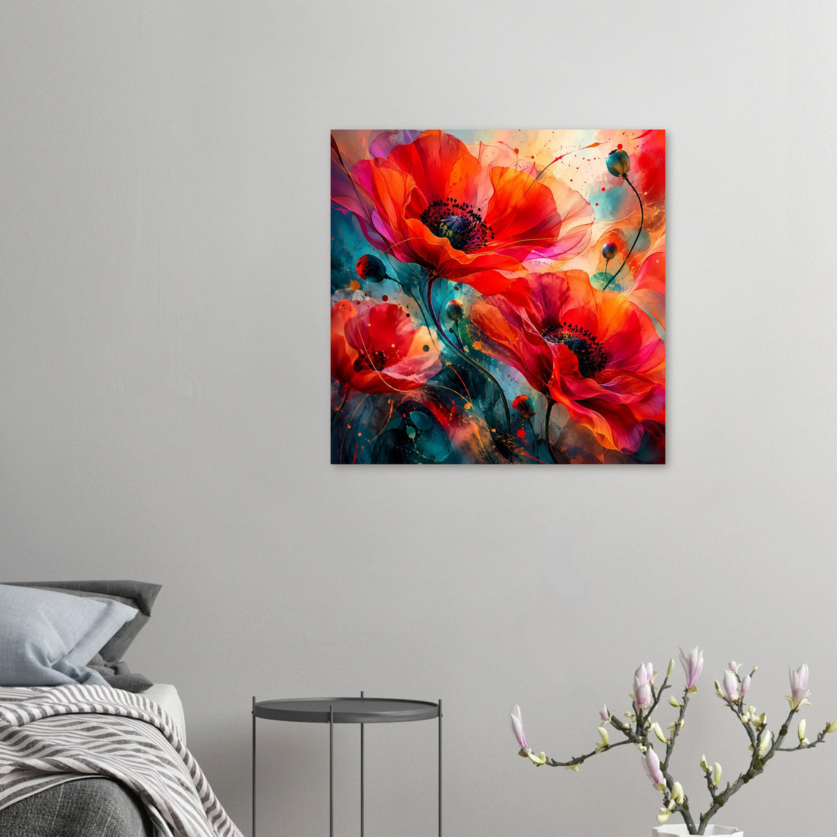 Kleines quadratisches Blumen-Artposter mit roten Blüten und blauem Sprenkeldesign im Raum
