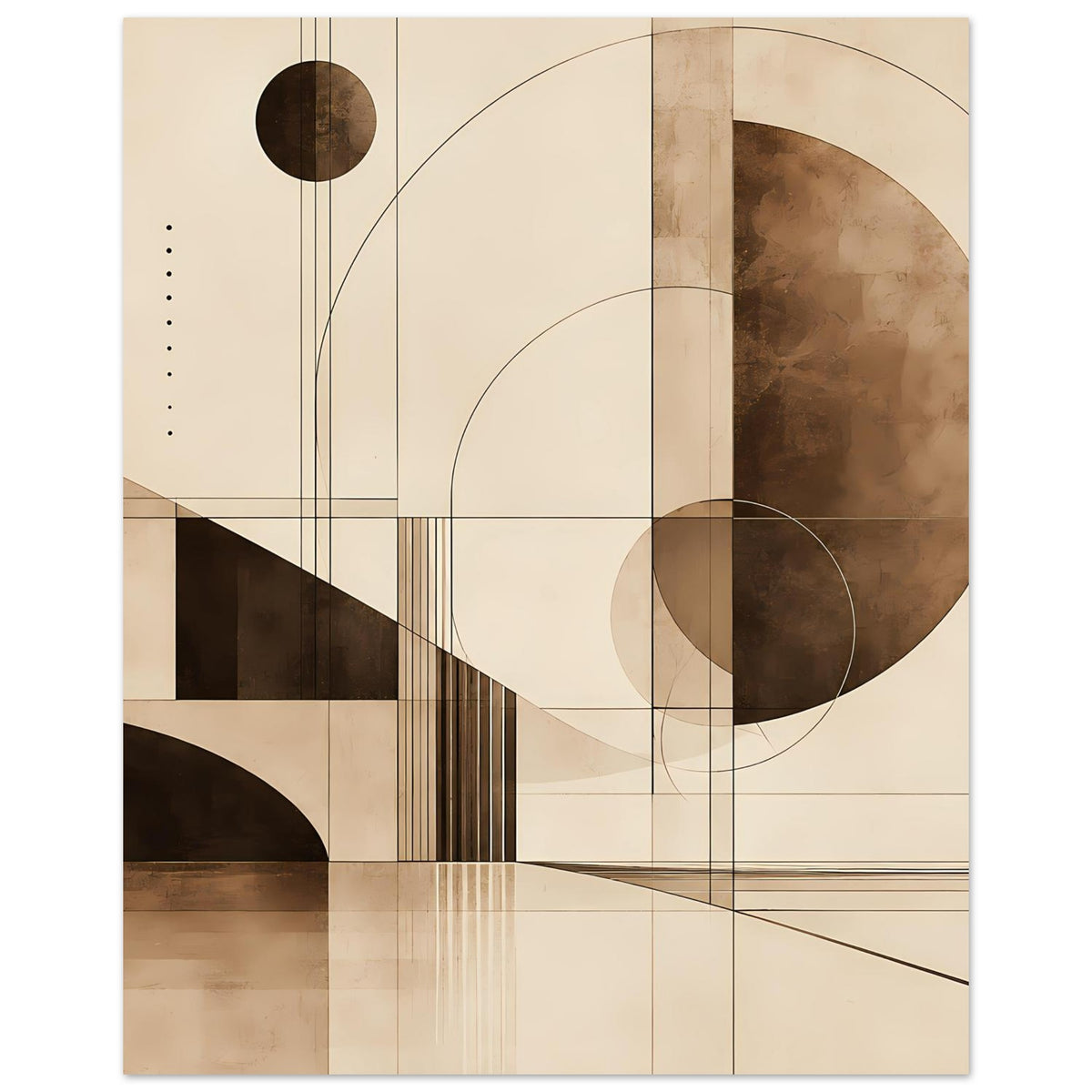 Geometrischer Kunstdruck mit ovalem Kreis, feinen Linien und dunklem Rechteckstreifen.