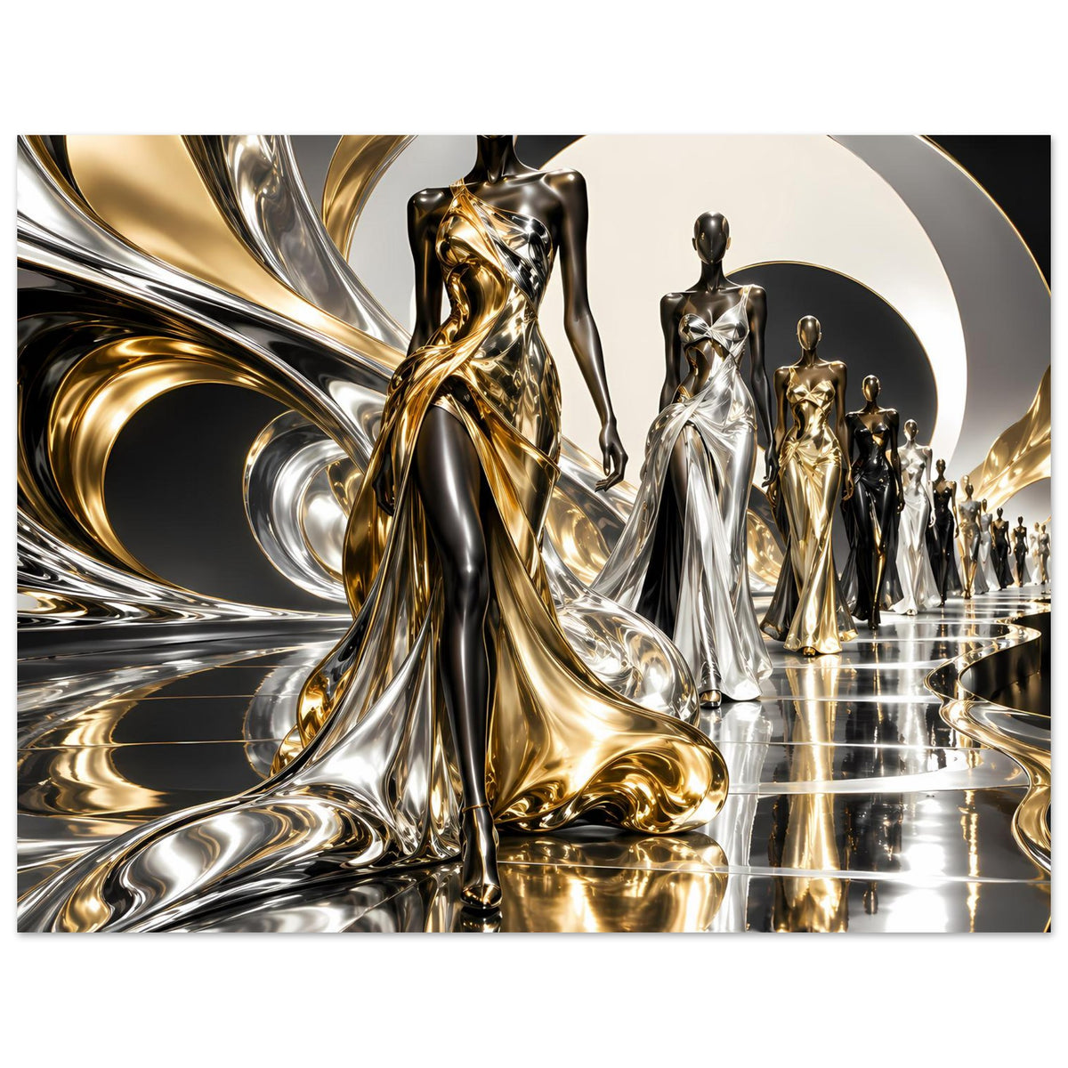 Poster mit gold-silbernem Metallmotiv, zentraler Figur und Reihe weiterer Statuen