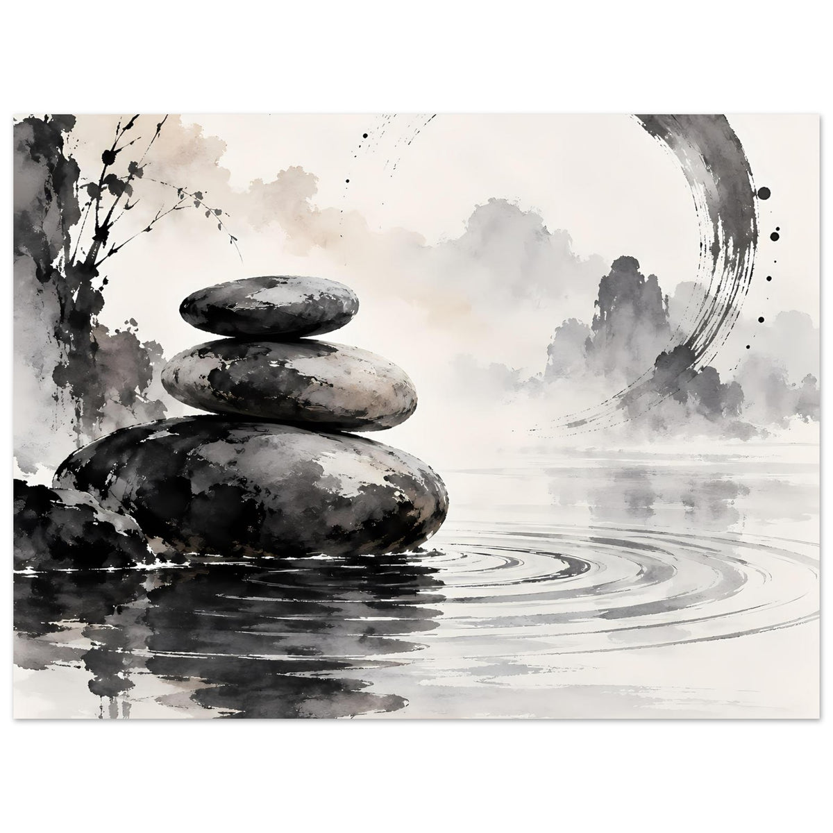 Zen-Balance Poster (Querformat) mit Stein-Stapel, Wasserkringeln und großem Kreis-Pinselstrich