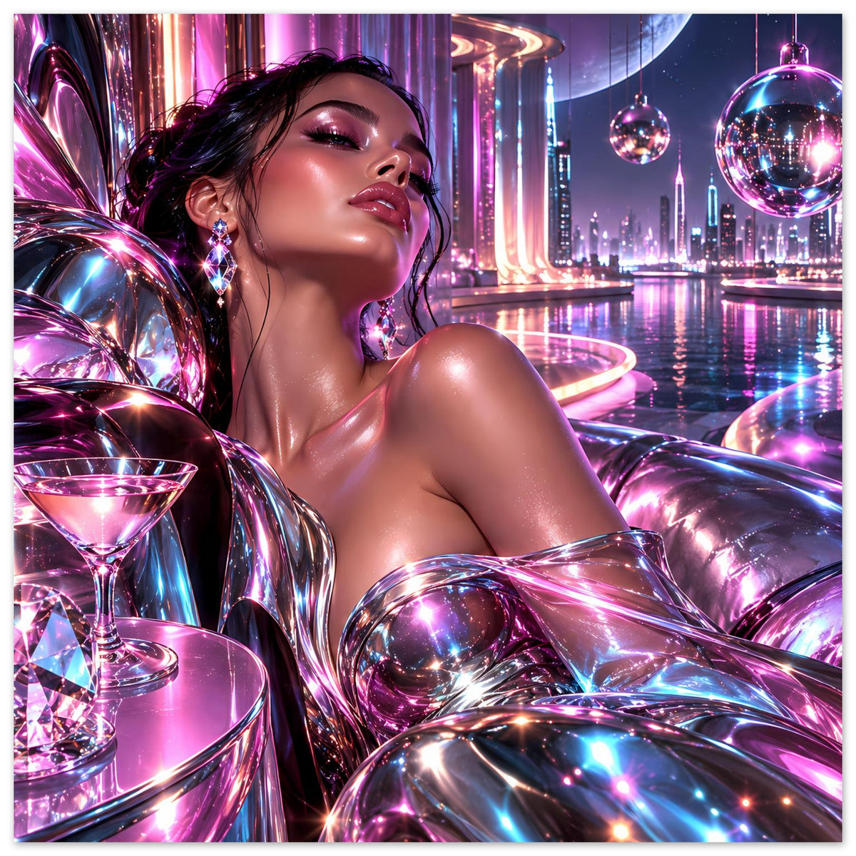 Neon-Futurismus-Poster: Frau in silbrigem Bikini, chromfarbene Kugeln und Lichter