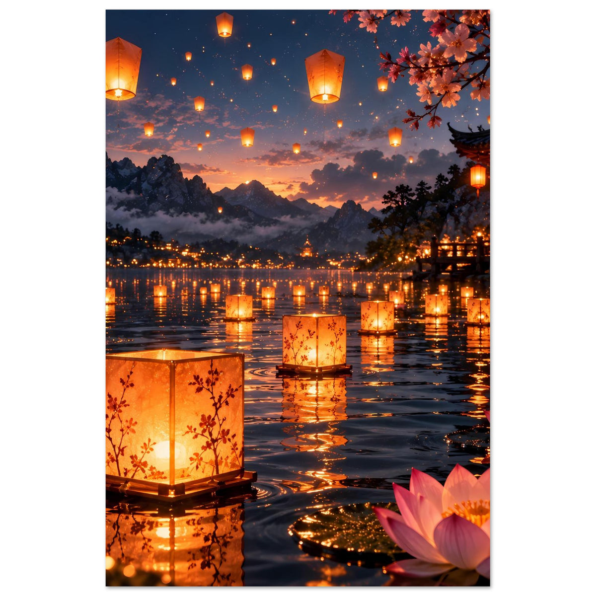 Laternenfest-Poster mit beleuchteten Wasserlaternen und floralen Lotusblüten am Rand