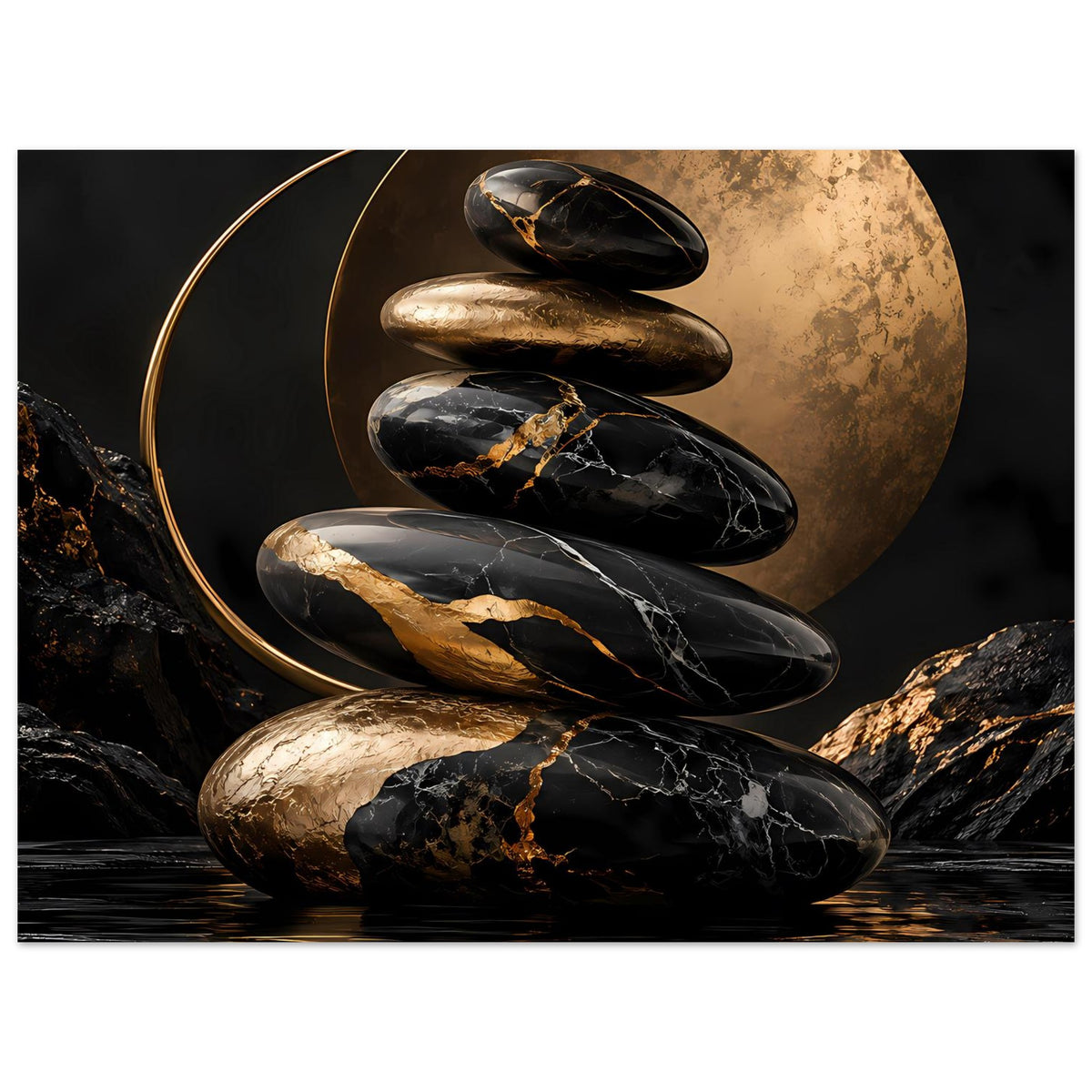 Poster mit Zen-Stein-Stapel aus Marmor, dunkle Steine mit goldenen Lichtakzenten