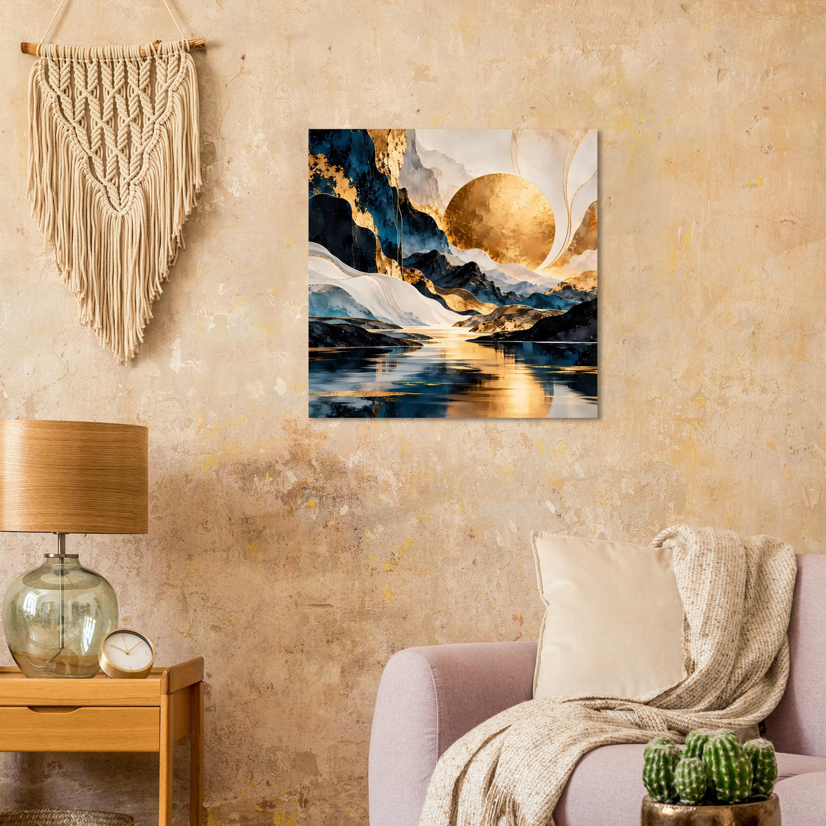 Quadratisches Kunstposter mit abstrakter Landschaft in Schwarz, Blau und Gold