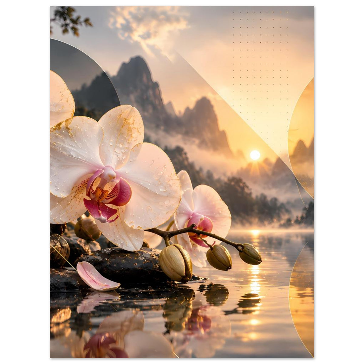Poster mit weißen Orchideenblüten, Wasserreflexion und goldenem Sonnenlicht bei Sonnenaufgang