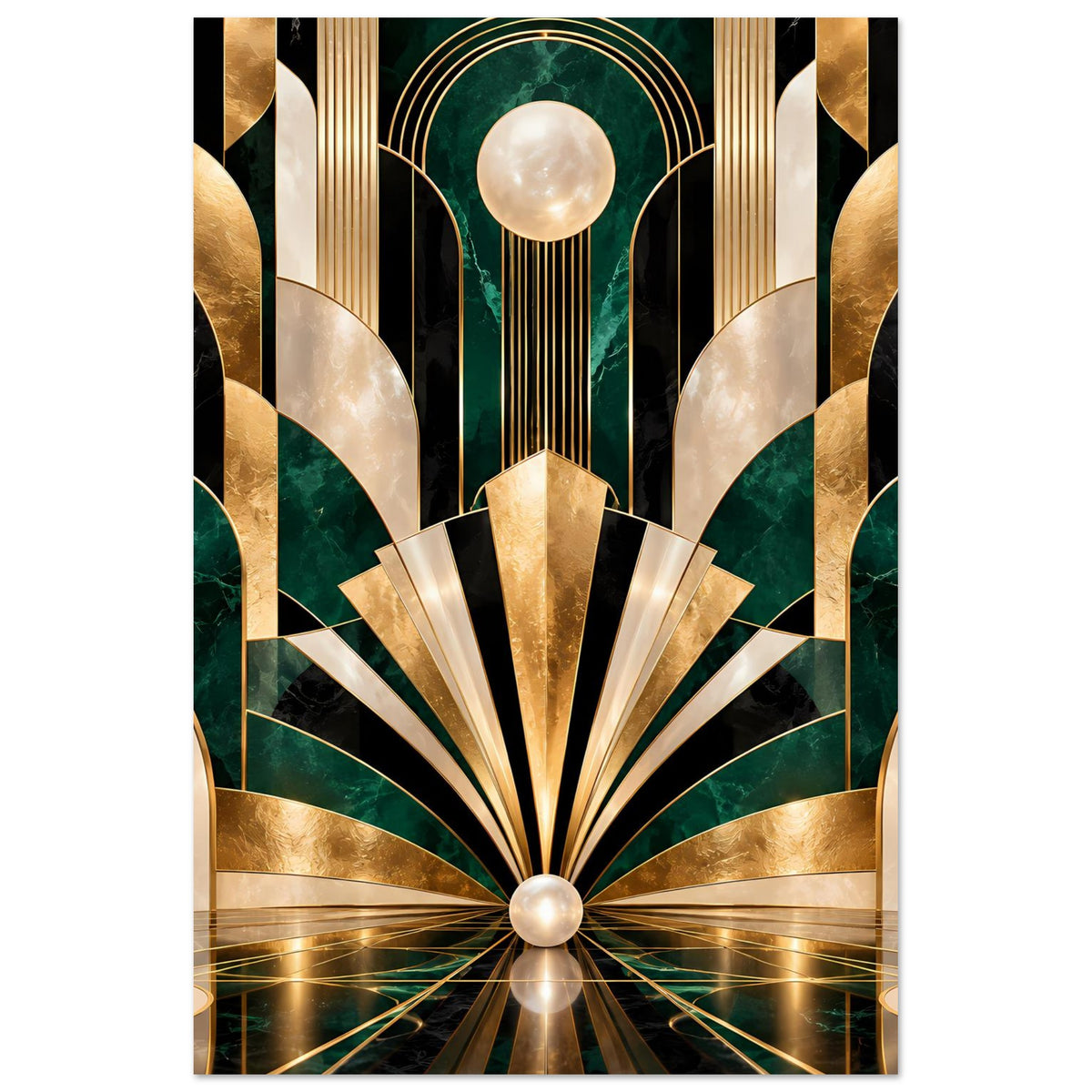Art-Déco-Poster mit goldenen Fächern und smaragdgrünen Akzenten, hochformat