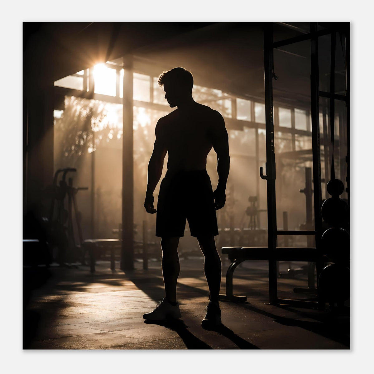 Fitness-Poster mit dunkler Sportler-Silhouette, Ganzkörper, engerer Bildausschnitt