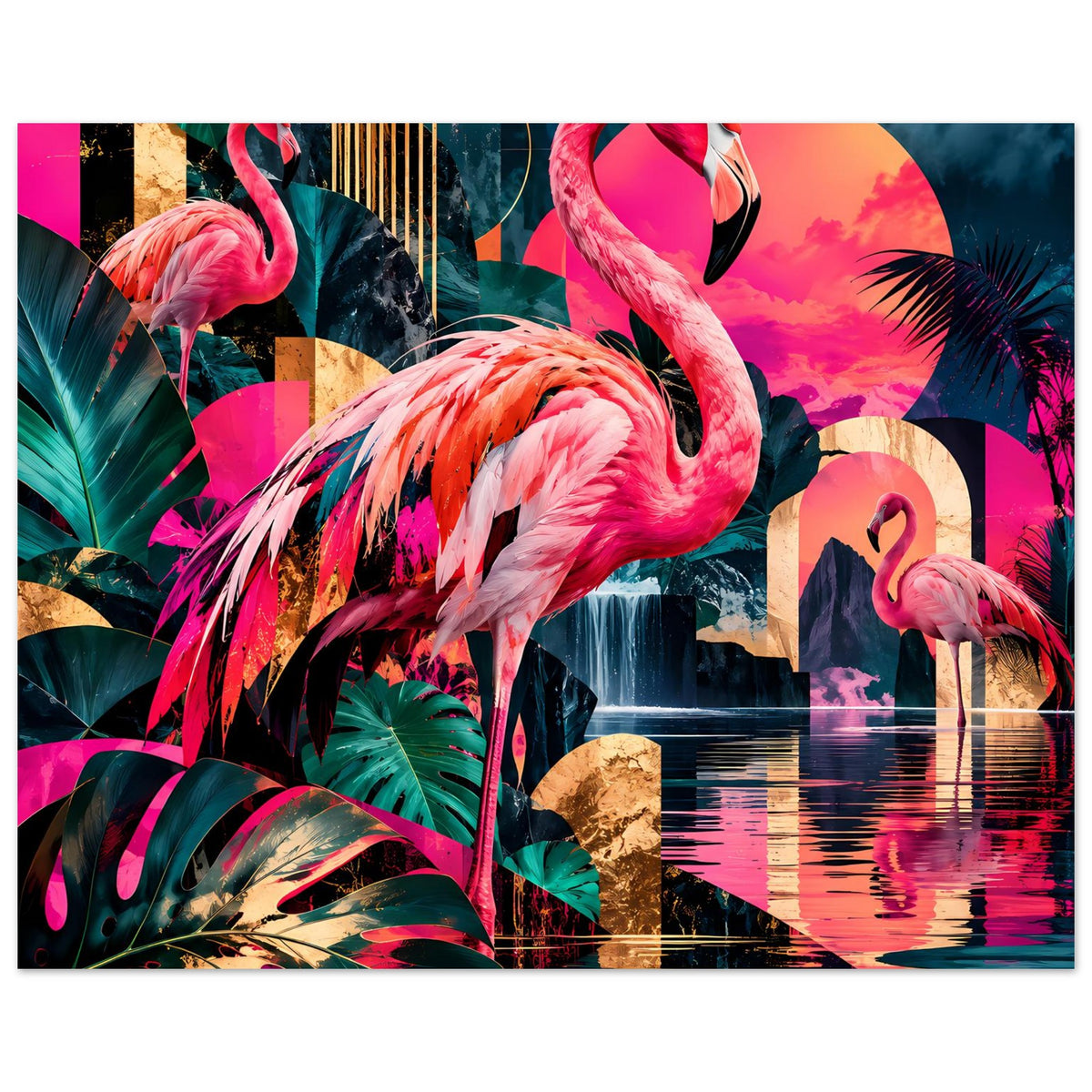 Poster mit pinkem Flamingo, zwei weiteren Flamingos und bunten tropischen Formen im Stil