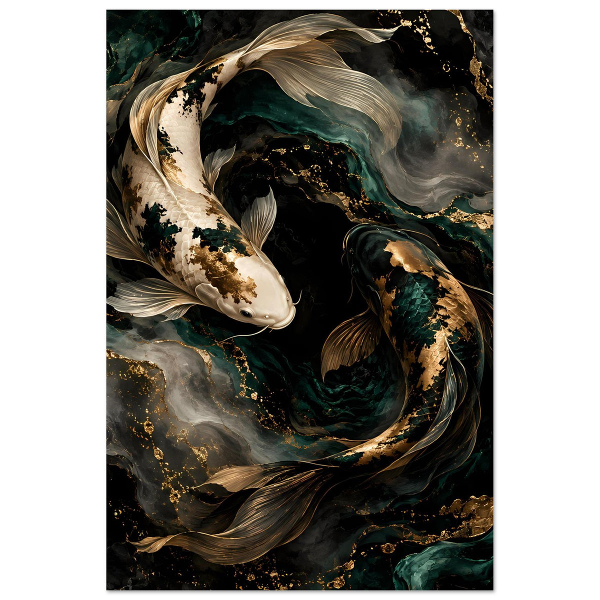 Kunstposter mit Koi-Fischen (vertikal): großer weißer Koi und dunkler Koi, goldene Tupfen