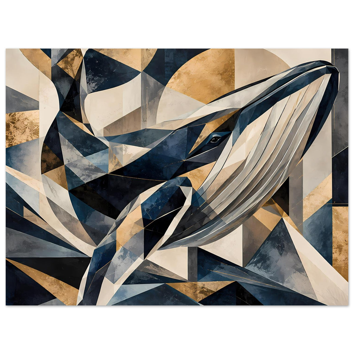 Geometrisches Wal-Kunstposter, Nahansicht des Kopfbereichs mit Blau-, Gold- und Cremeflächen