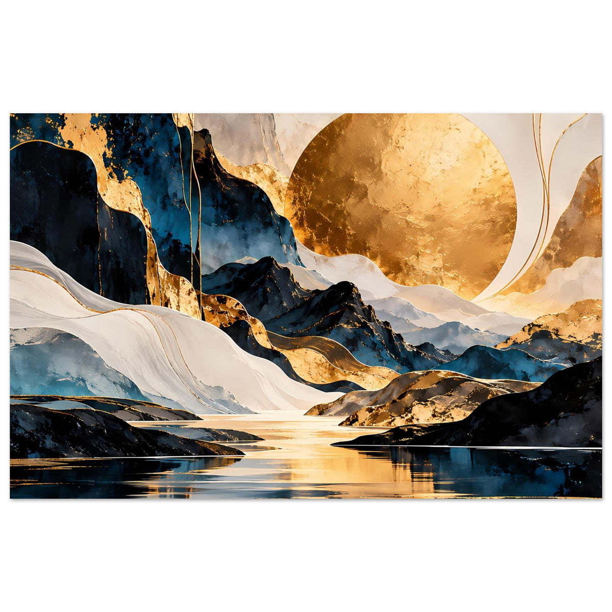 Kunstposter mit abstrakter Landschaft: goldene Sonne, blaue Berge, reflektierender Fluss