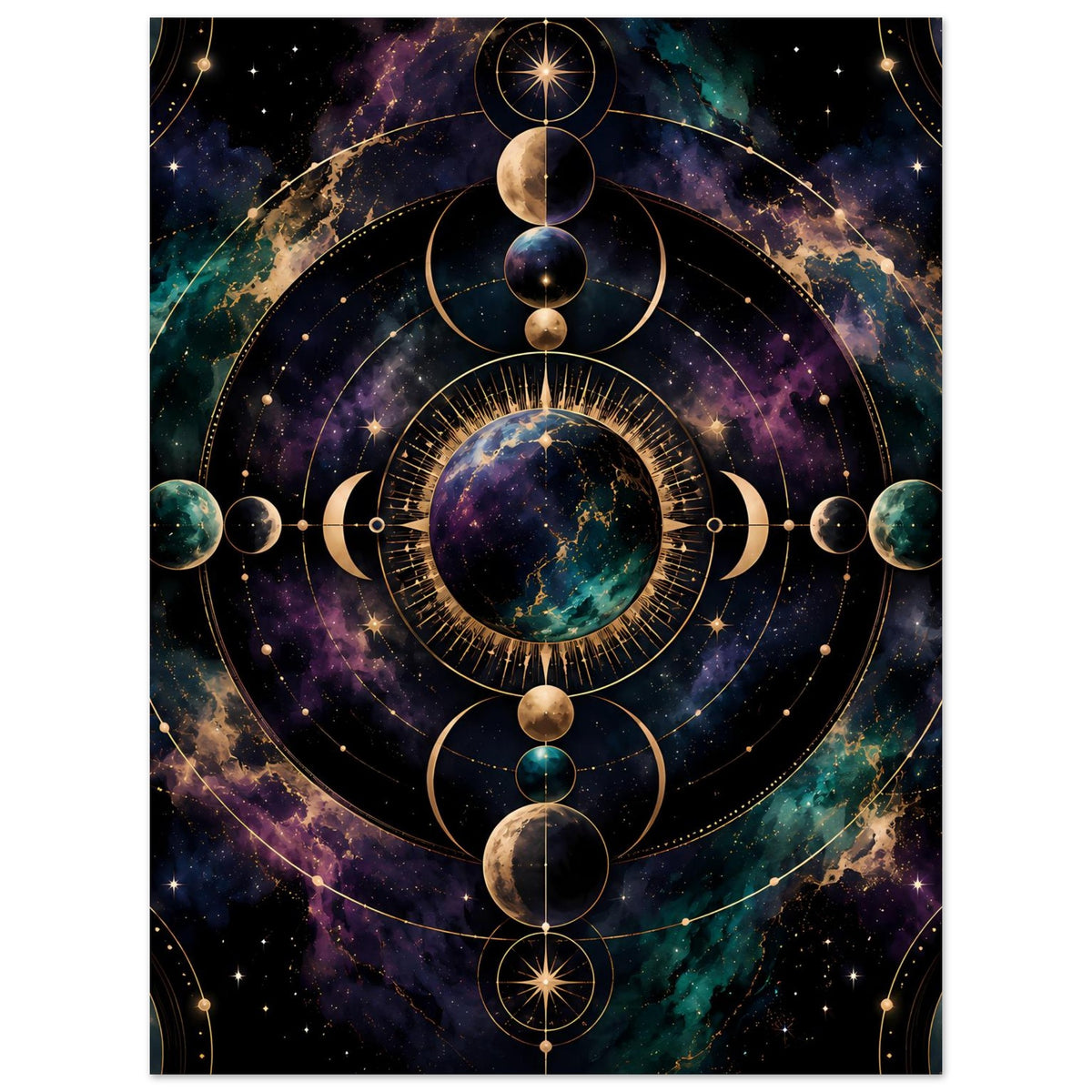 Poster mit Mondphasen-Design: Kreisdiagramm mit Planeten und Goldlinien auf dunklem Hintergrund