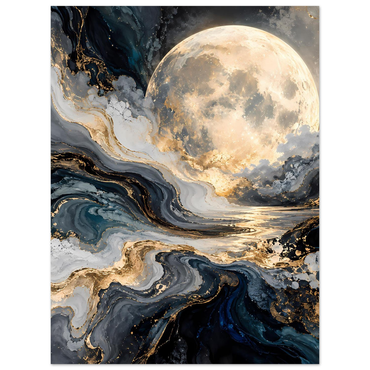 Mondposter hochkant mit Vollmond und goldfarbenen Lichtspuren in abstraktem Marmor