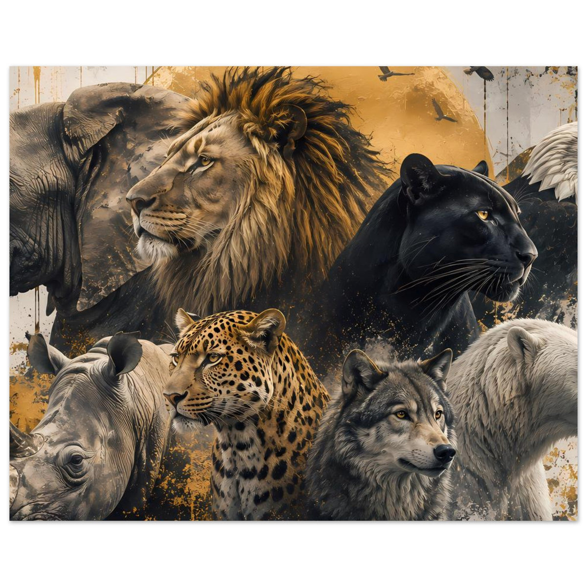 Poster mit Raubtieren: Löwe, Panther, Leopard und Wölfe in dramatischer Szene