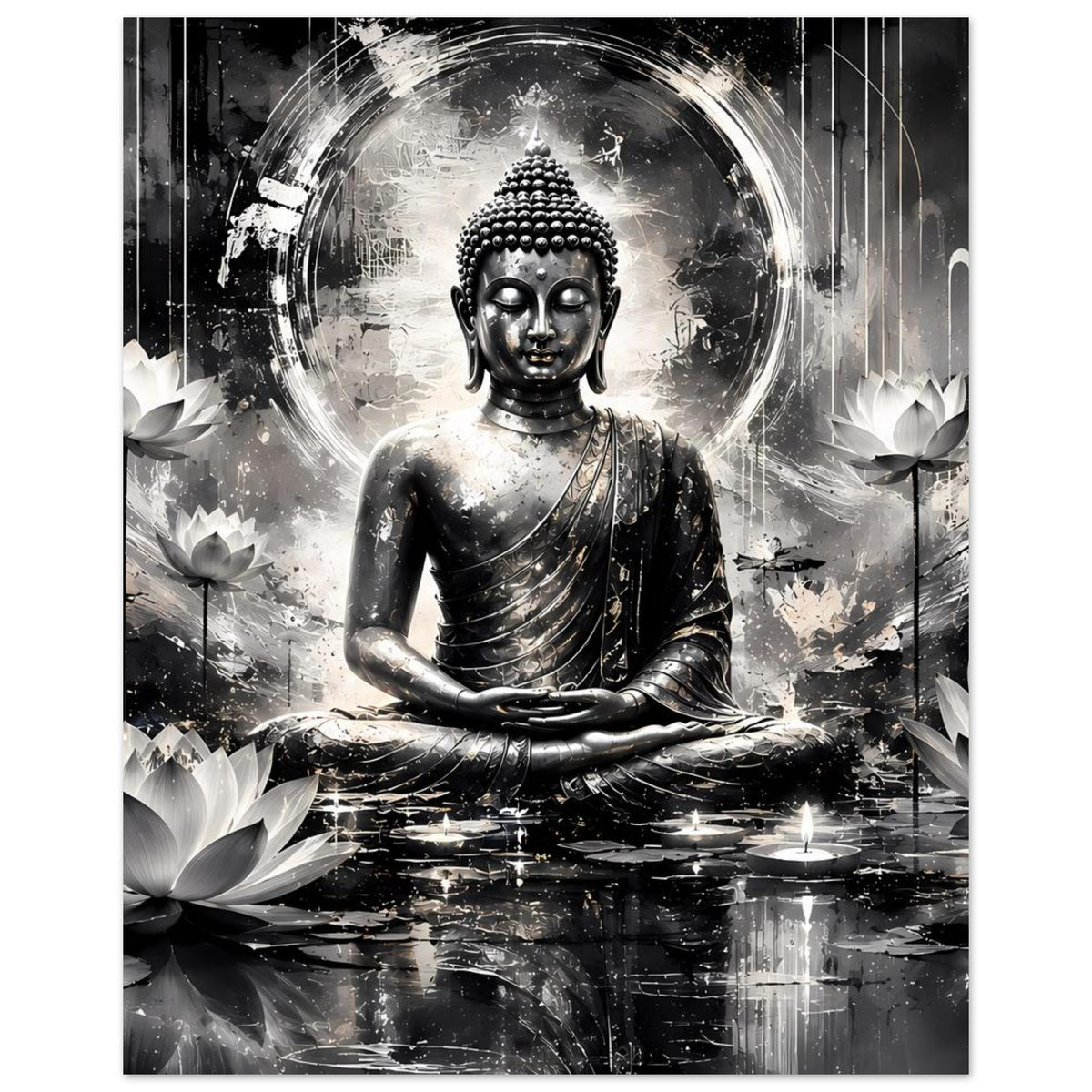 Schwarz-weißes Buddha-Poster mit sitzendem Buddha, Mandorla und Lotusblüten im Hintergrund