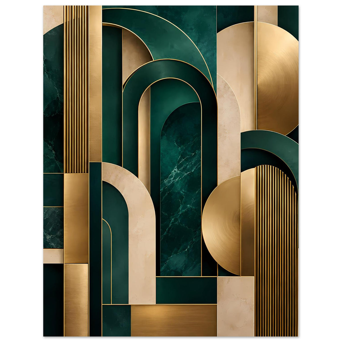 Art-Deco-Poster mit goldenen und grünen Rahmenbögen sowie Rechteckflächen