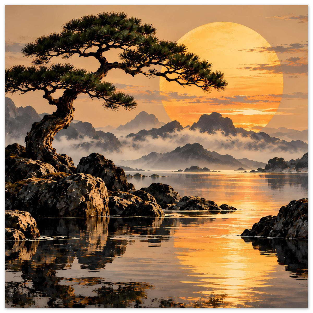 Gerahmtes Landschaftsposter mit Baum am Ufer, Felsen und goldgelbem Sonnenuntergang über dem Wasser