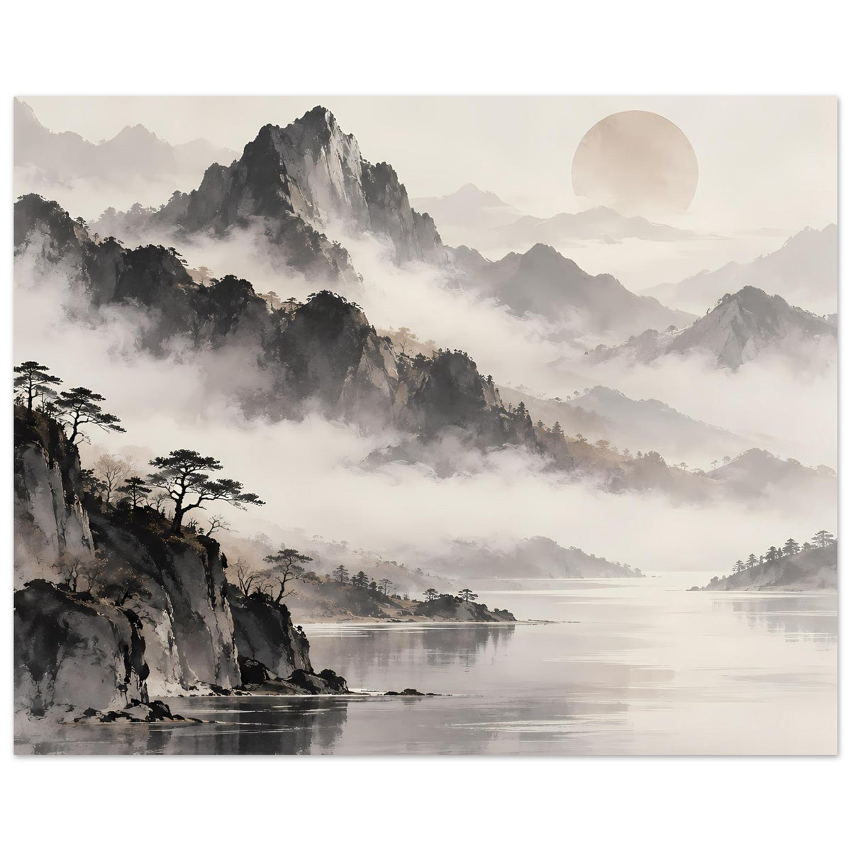 Poster mit Berglandschaft im Dunst, Felsklippen und Bäume am Rand, Sonnenkreis oben