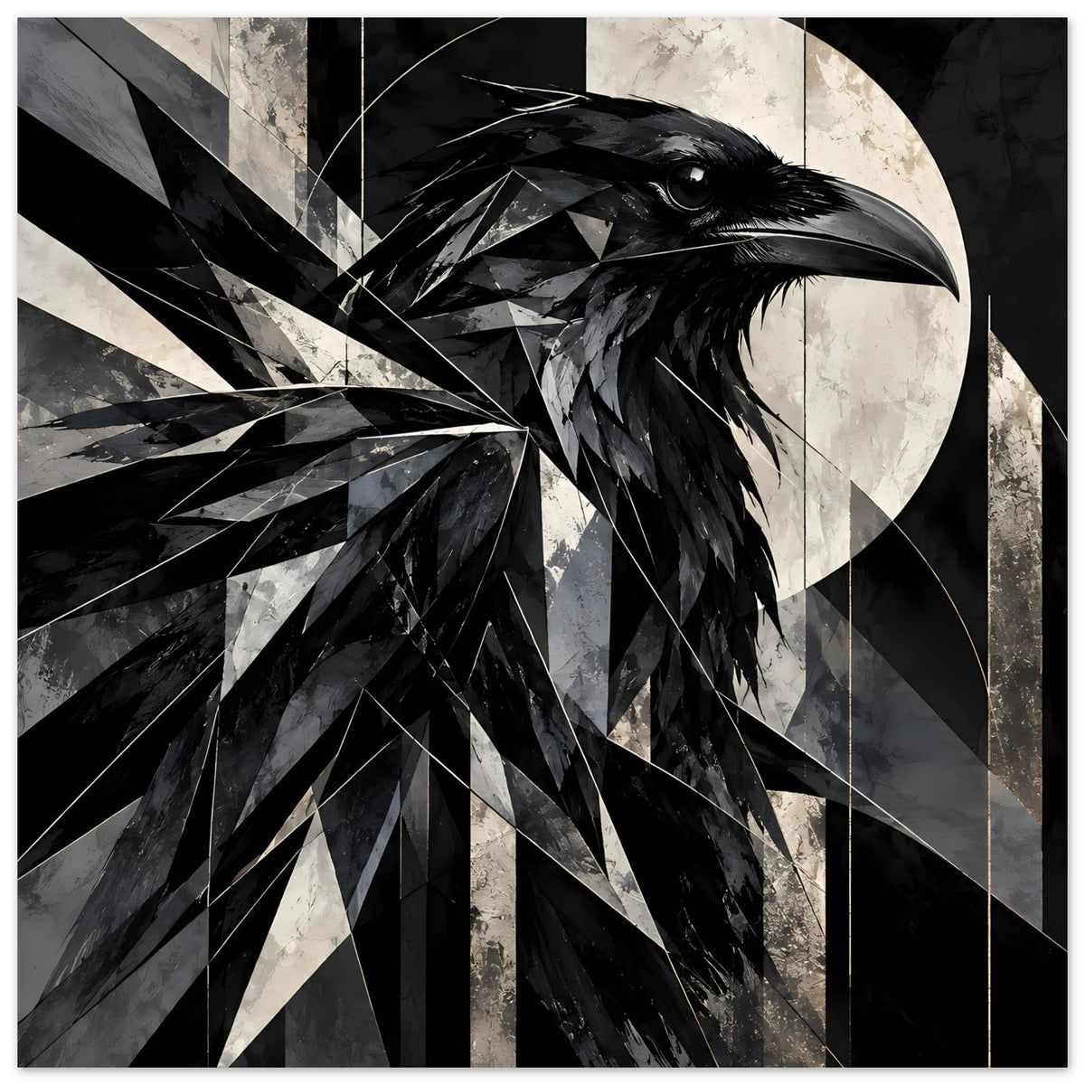 Kunstposter mit geometrischem Raben in Schwarz-Weiß, naher Blick auf den Schnabel, Querformat