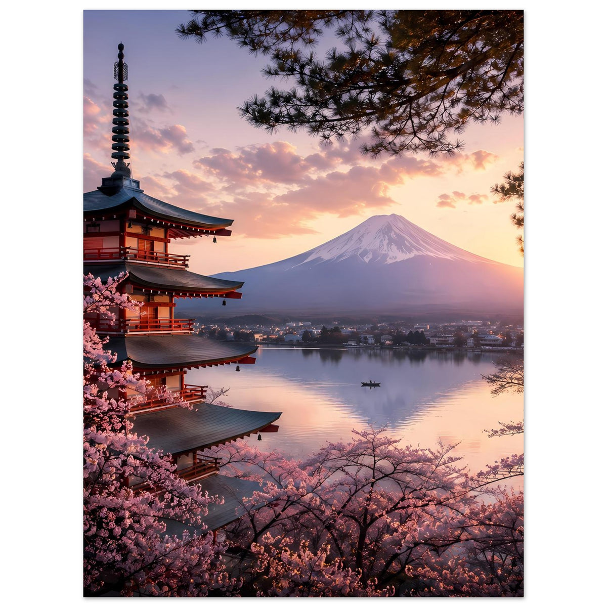 Vertikales Poster: Pagode links, Berg Fuji über See, Kirschblüten im Vordergrund
