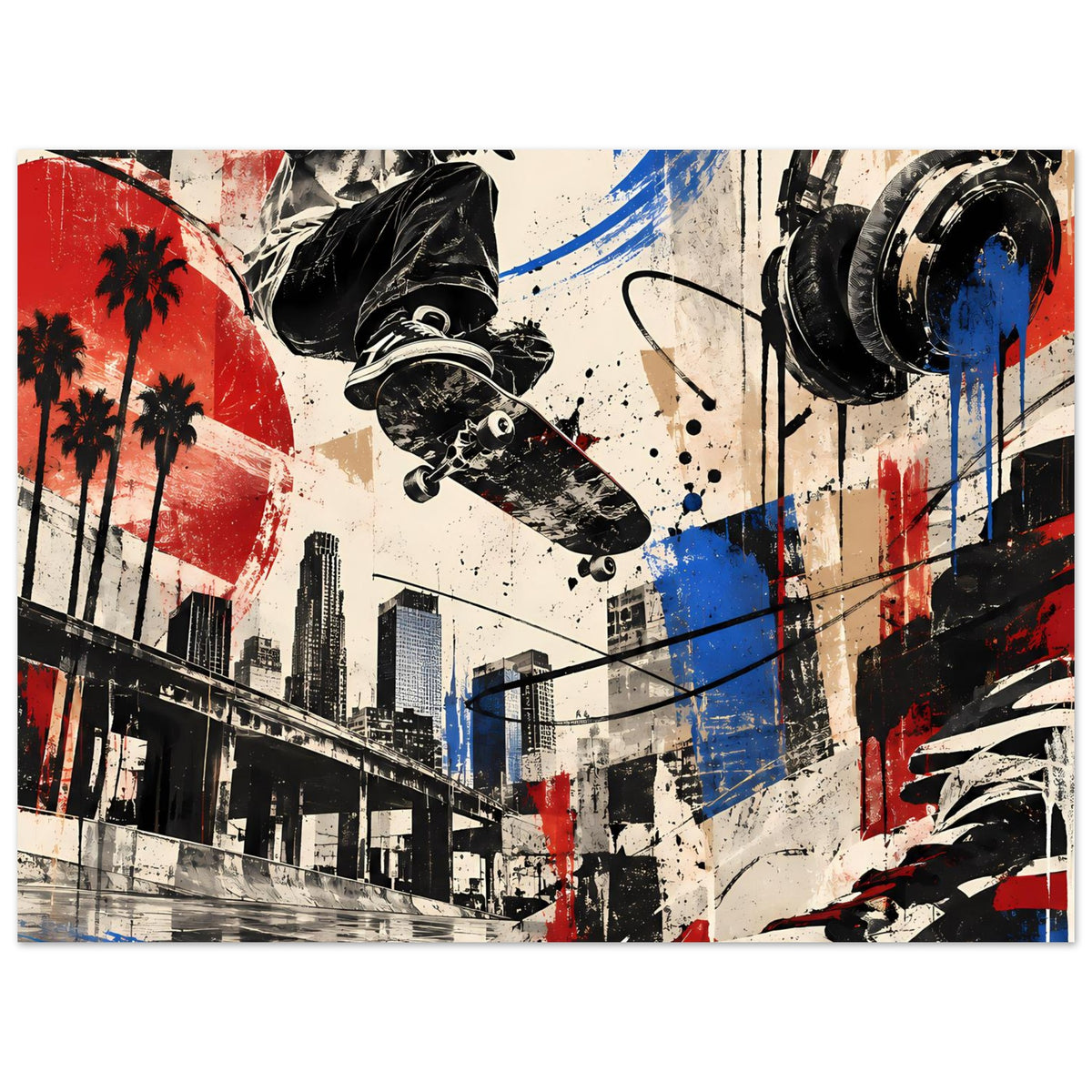Urban-Skateboard-Vibes-Poster, quer: Skateboarder in Schwarz, Graffiti-City mit roten und blauen Akzenten