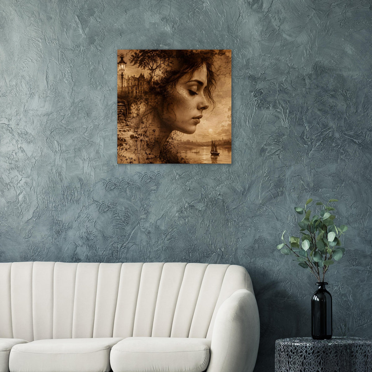 Quadratisches Sepia-Poster mit Frauenprofil, Stadt- und Flusslandschaft