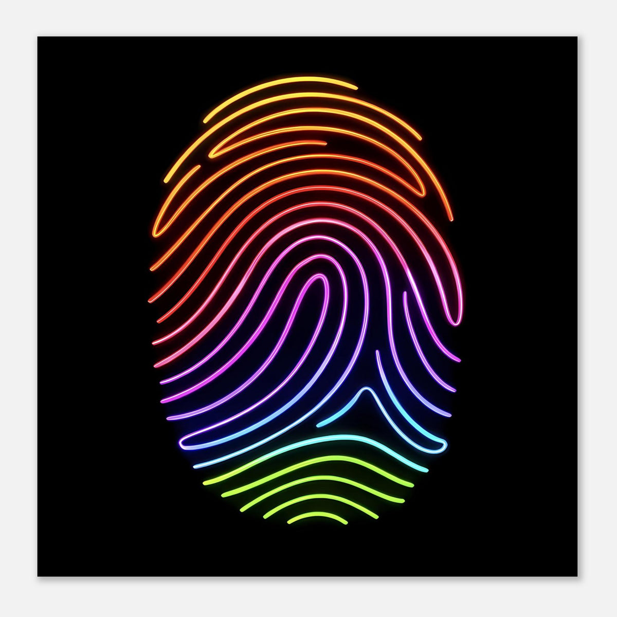Quadratisches Neon-Regenbogen-Fingerabdruck-Poster mit konzentrischen Linien in mehreren Farben auf Schwarz