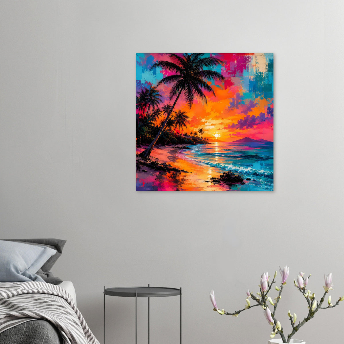 Abstraktes kleines Poster mit Palmenstrand und Neon-Sonnenuntergang, buntes Wasser und Himmel