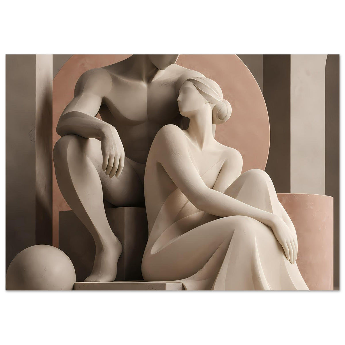 Kunstposter mit skulpturalem Liebespaar: zwei Figuren in ovalem Ornament, erdige Sepia-Töne