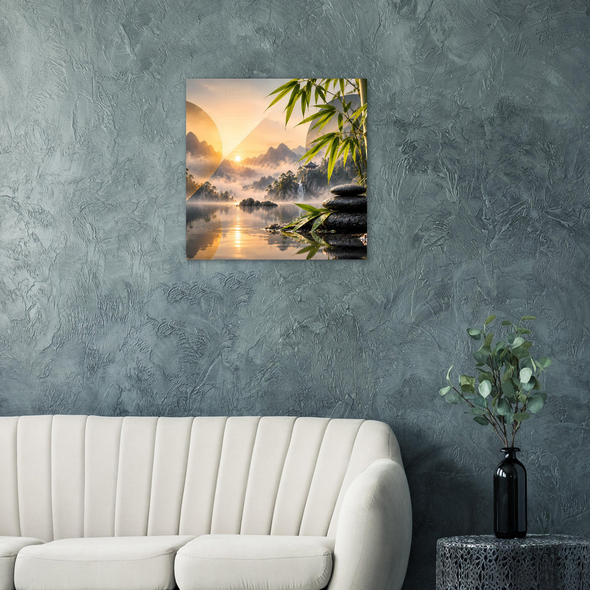 Zen-Bergsee-Poster mit Sonnenaufgang, Bambus und Steinstapel im See-Licht