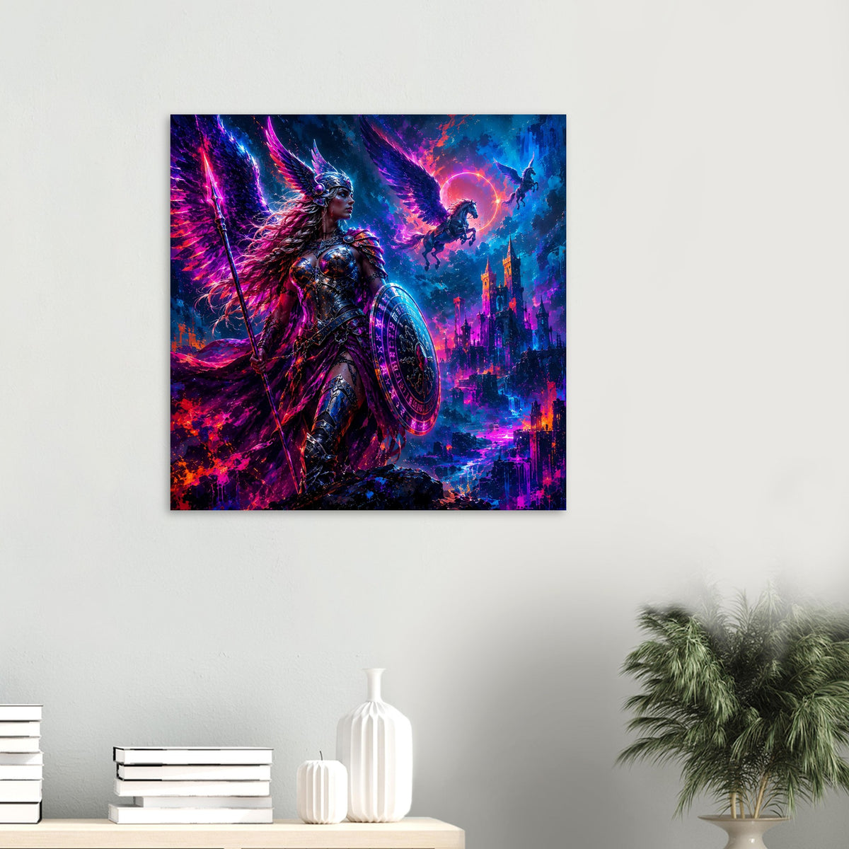 Quadratisches Fantasy-Poster mit Valkyrie-Kriegerin in leuchtenden Blau- und Violetttönen