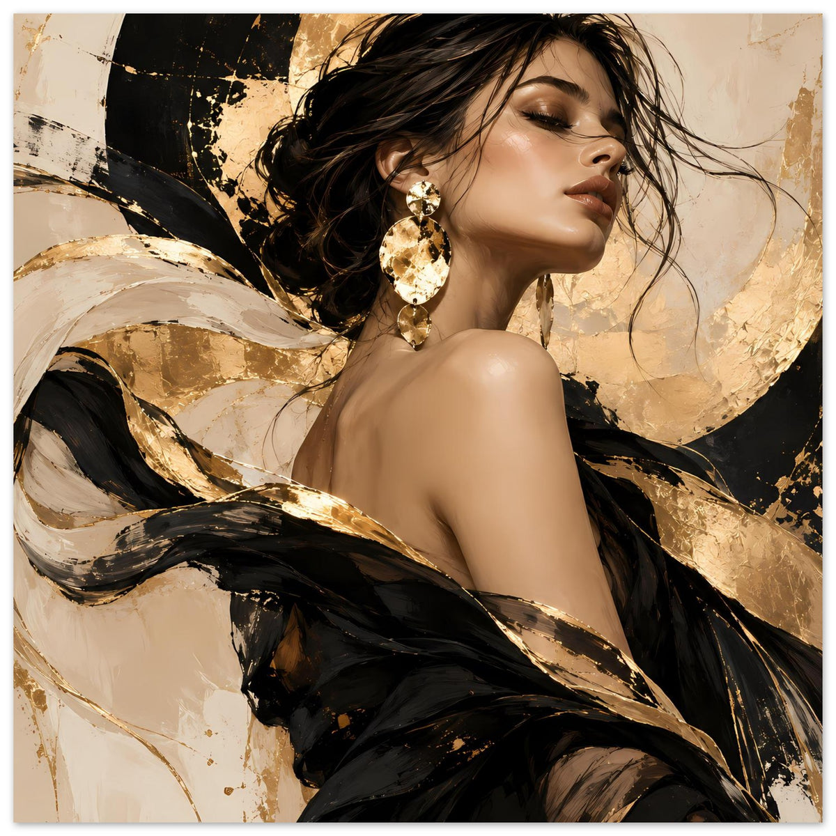 Frauenportrait-Poster mit seitlichem Blick, goldenen Ohrringen und schwarzen goldenen Pinselstrichen