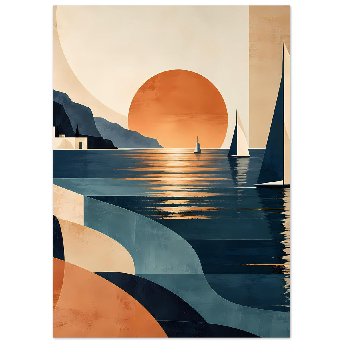 Wandkunst-Poster: Sonnenuntergang am Meer mit Segelbooten, dunklen Wellen und warmen Farbübergängen