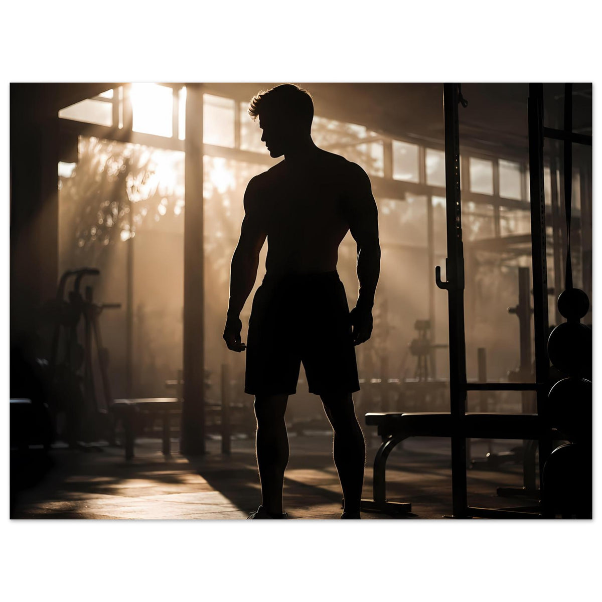 Fitness-Poster mit Silhouette eines Sportlers in Shorts, leicht gedrehte Körperhaltung