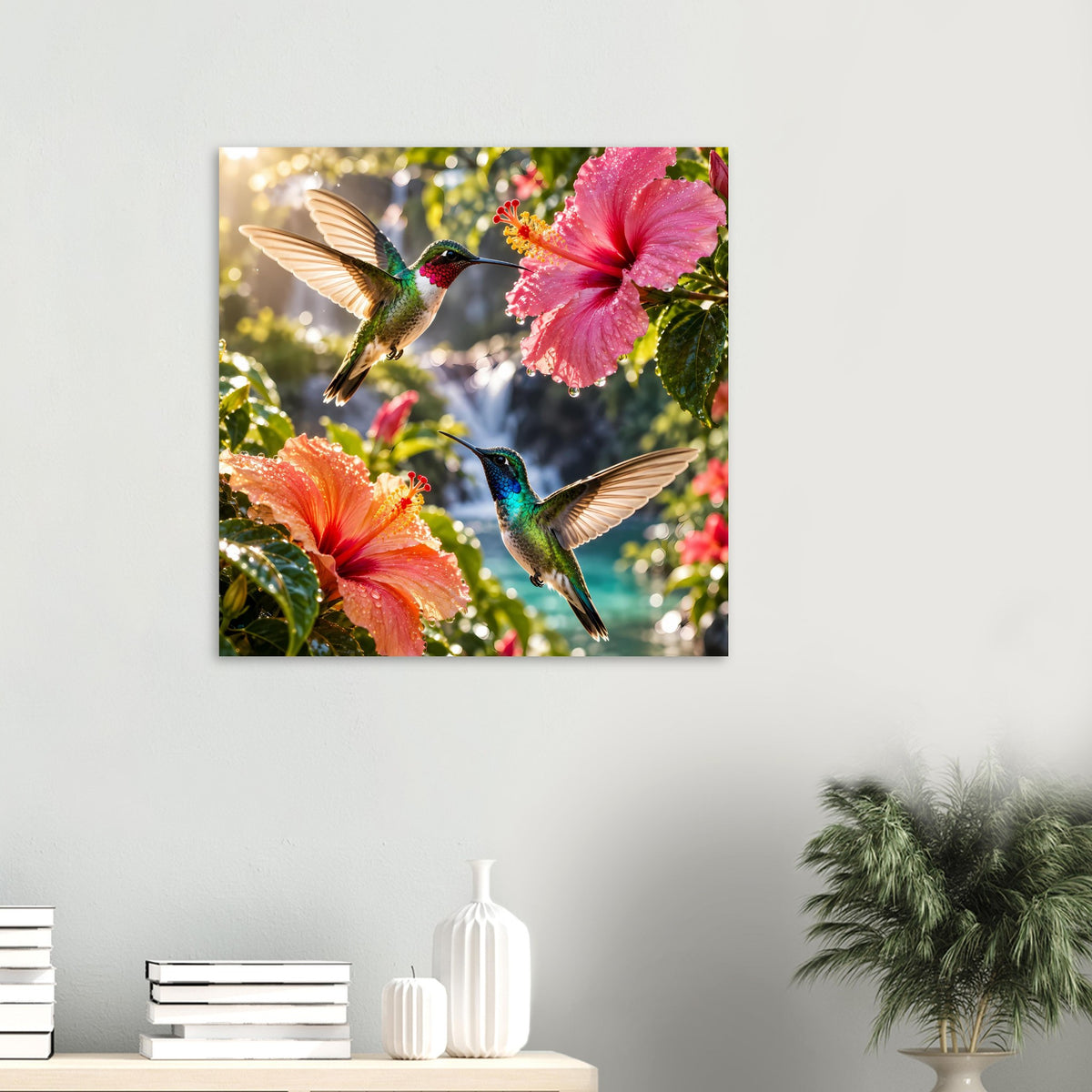 Kleines Poster (Quadratformat) mit Kolibris vor Hibiskusblüten in Pink und Orange