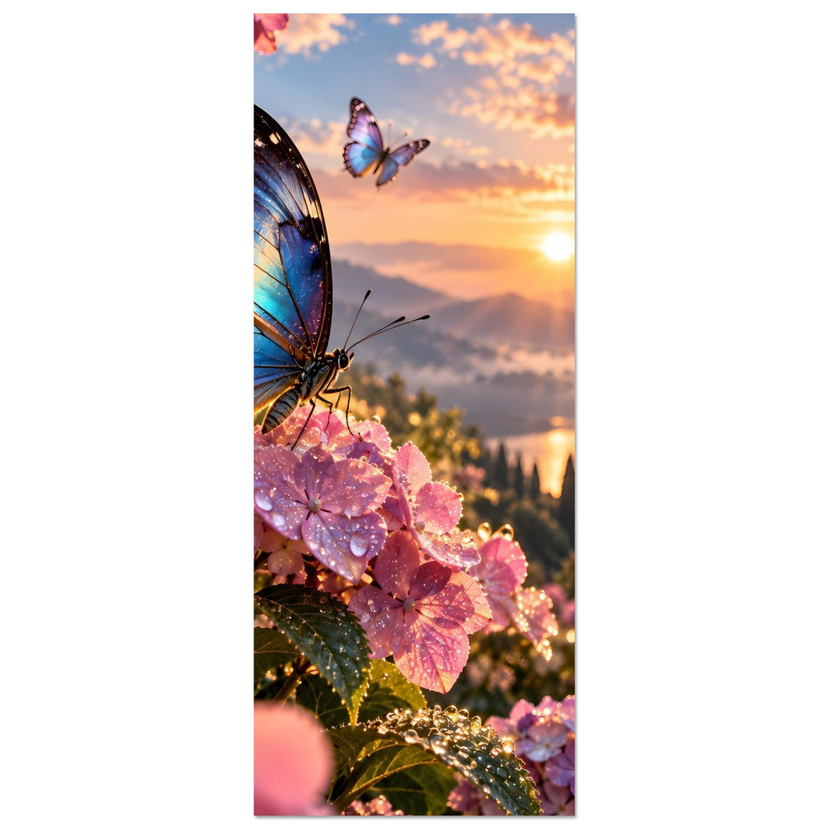 Hochkant-Poster-Ausschnitt: blaue Schmetterlinge auf rosa Blüten mit einem großen Falter