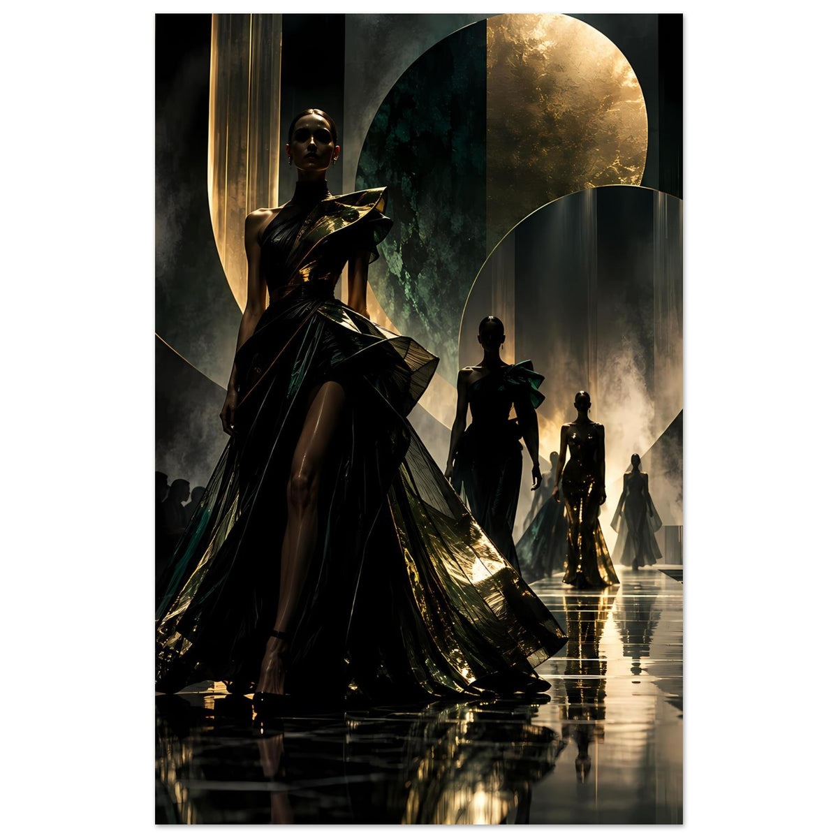 Hochformatiges Fashion-Poster: schwarze und goldene Runway-Silhouetten vor dekorativen Bögen