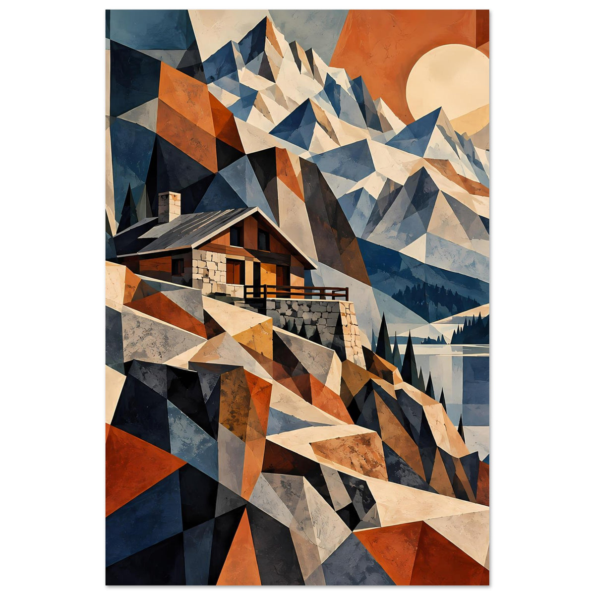 Geometrisches Berglandschafts-Poster mit Hütte, Bergzacken und Sonnenkreis in Blau, Rostrot, Erdtönen