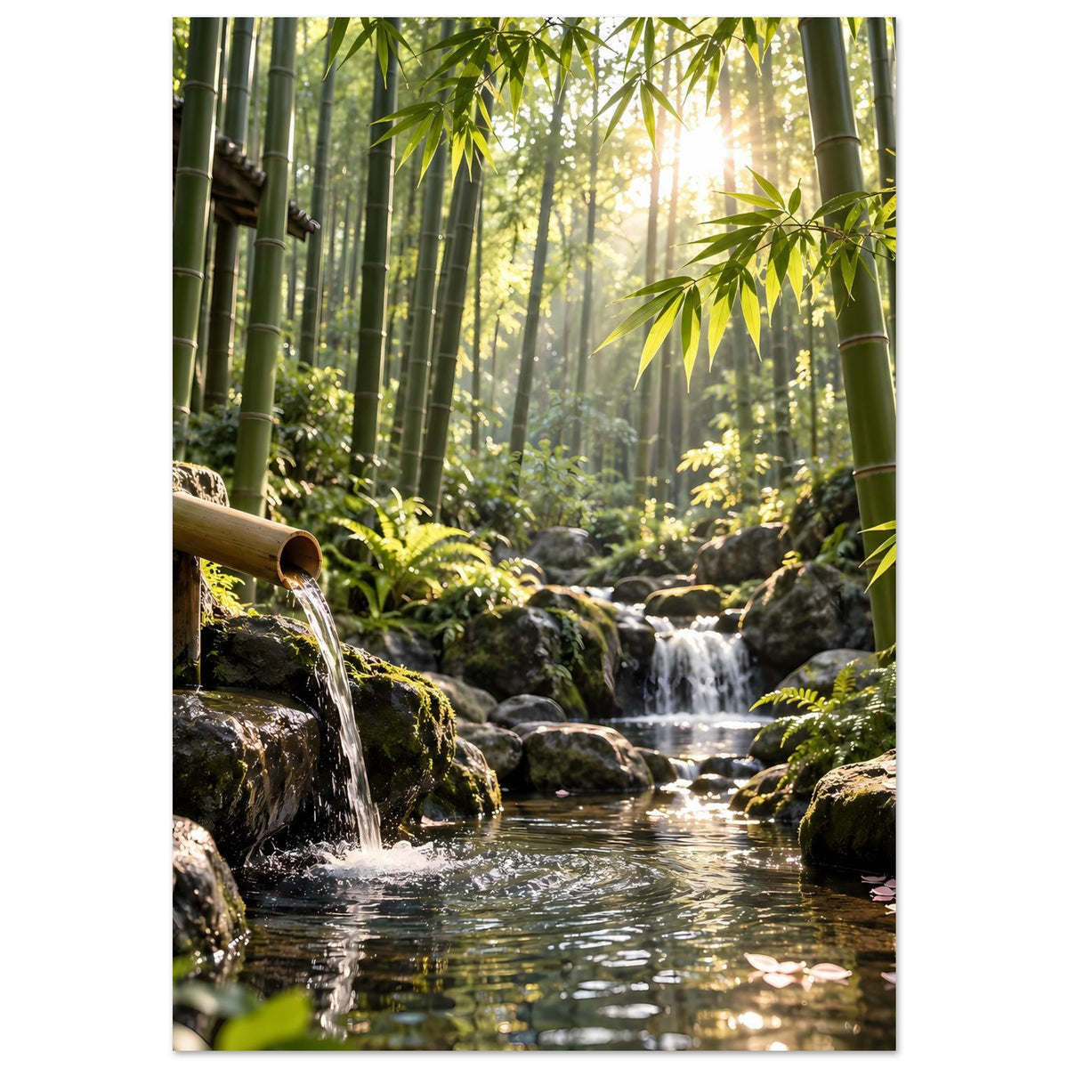 Poster mit Bambuswald-Wasserfall: Wasser aus Rohr über Steinbecken, grüne Blätter