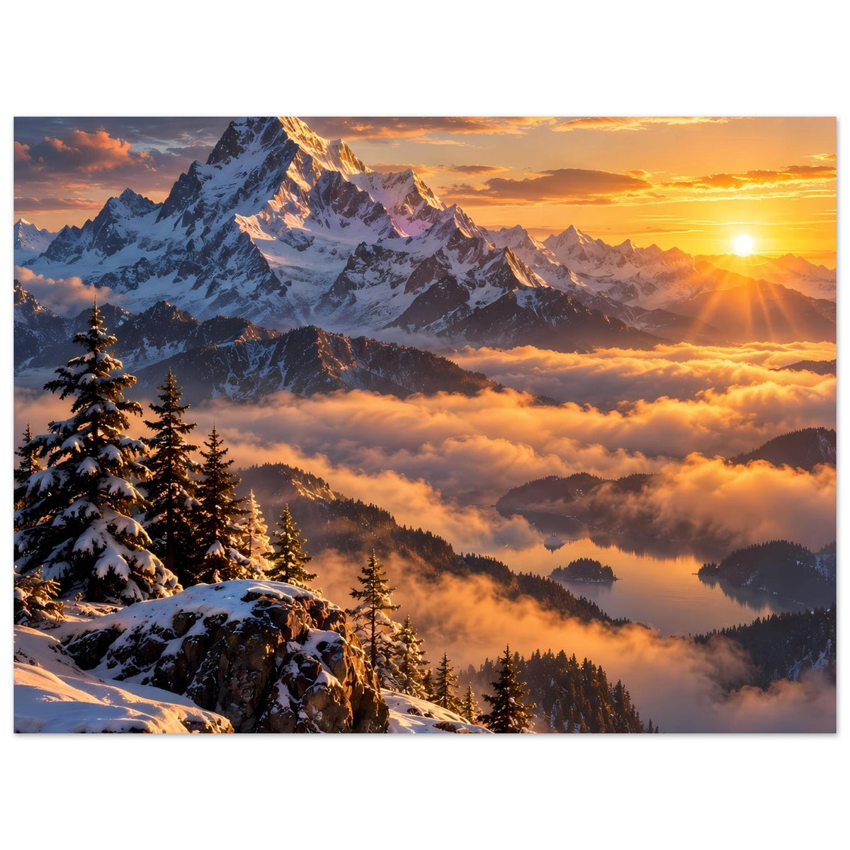 Hochkant-Poster mit schneebedeckten Bergen, Tannenreihe und leuchtenden Wolken beim Sonnenuntergang