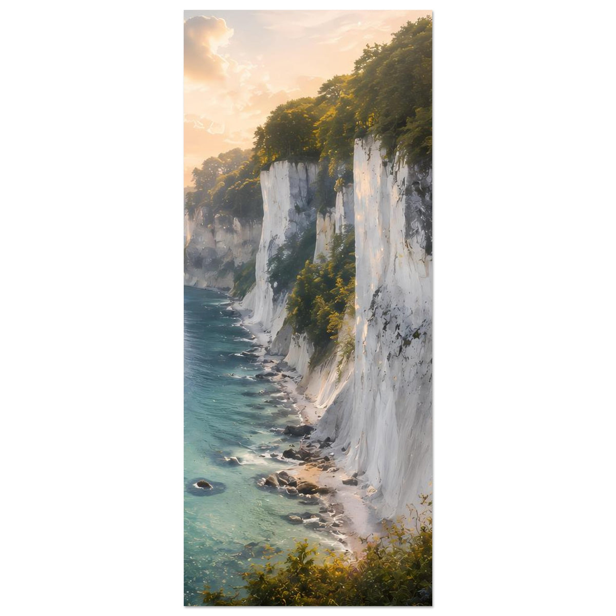 Posterdruck (hochformat): Steilküste mit weißen Felsen, türkisblauem Meer und Grün im Vordergrund