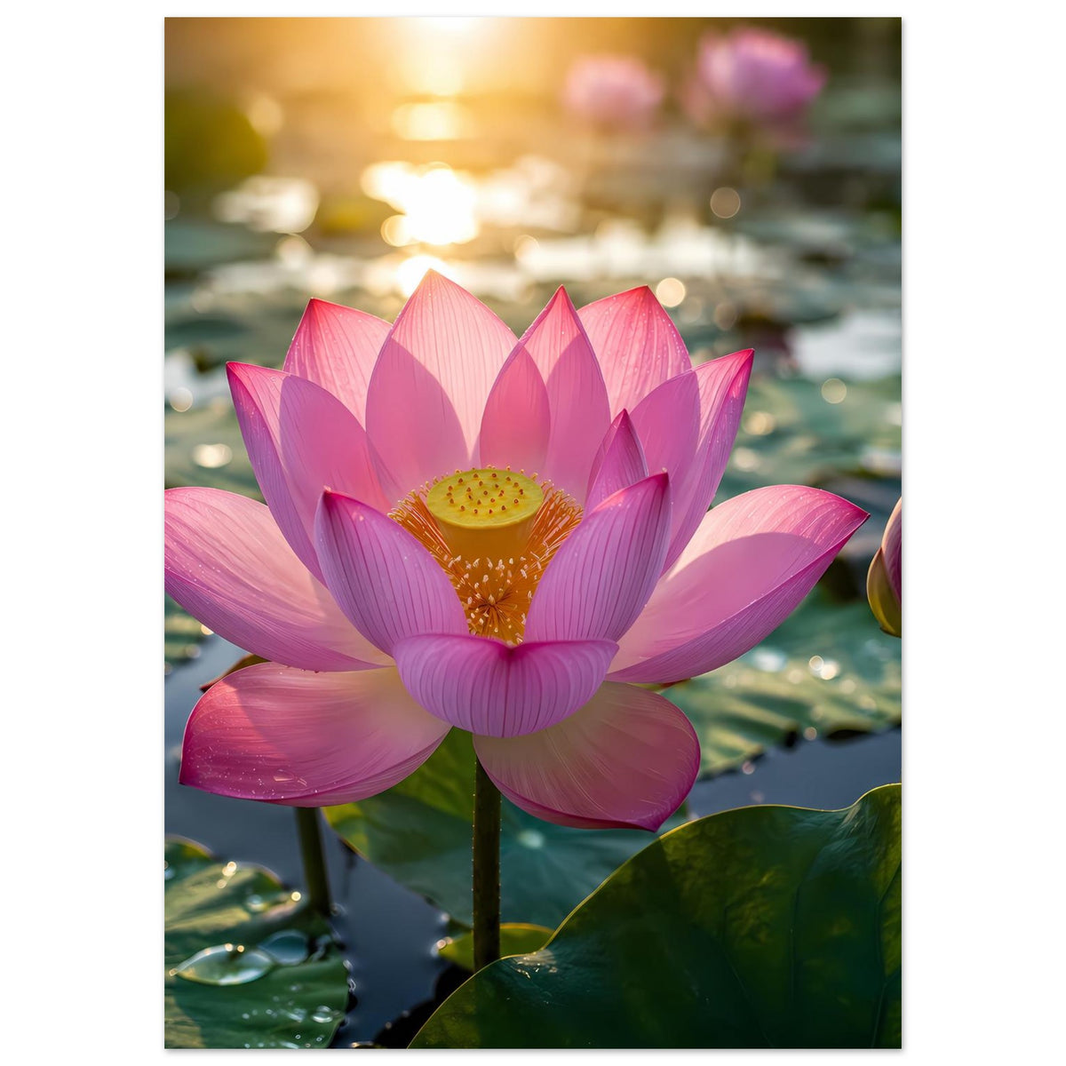 Poster mit rosa Lotusblüte im Wasser, kräftig gefärbte Blütenblätter und gelbes Zentrum.