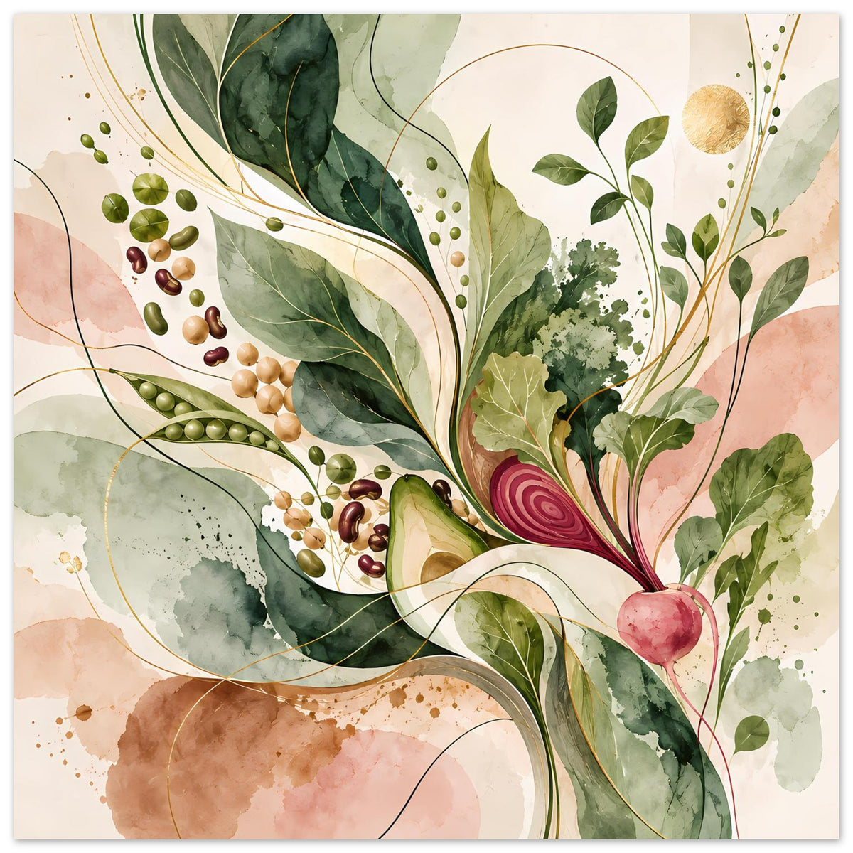 Naturposter mit botanischer Illustration aus Blättern, Erbsen und rosafarbener Rübe