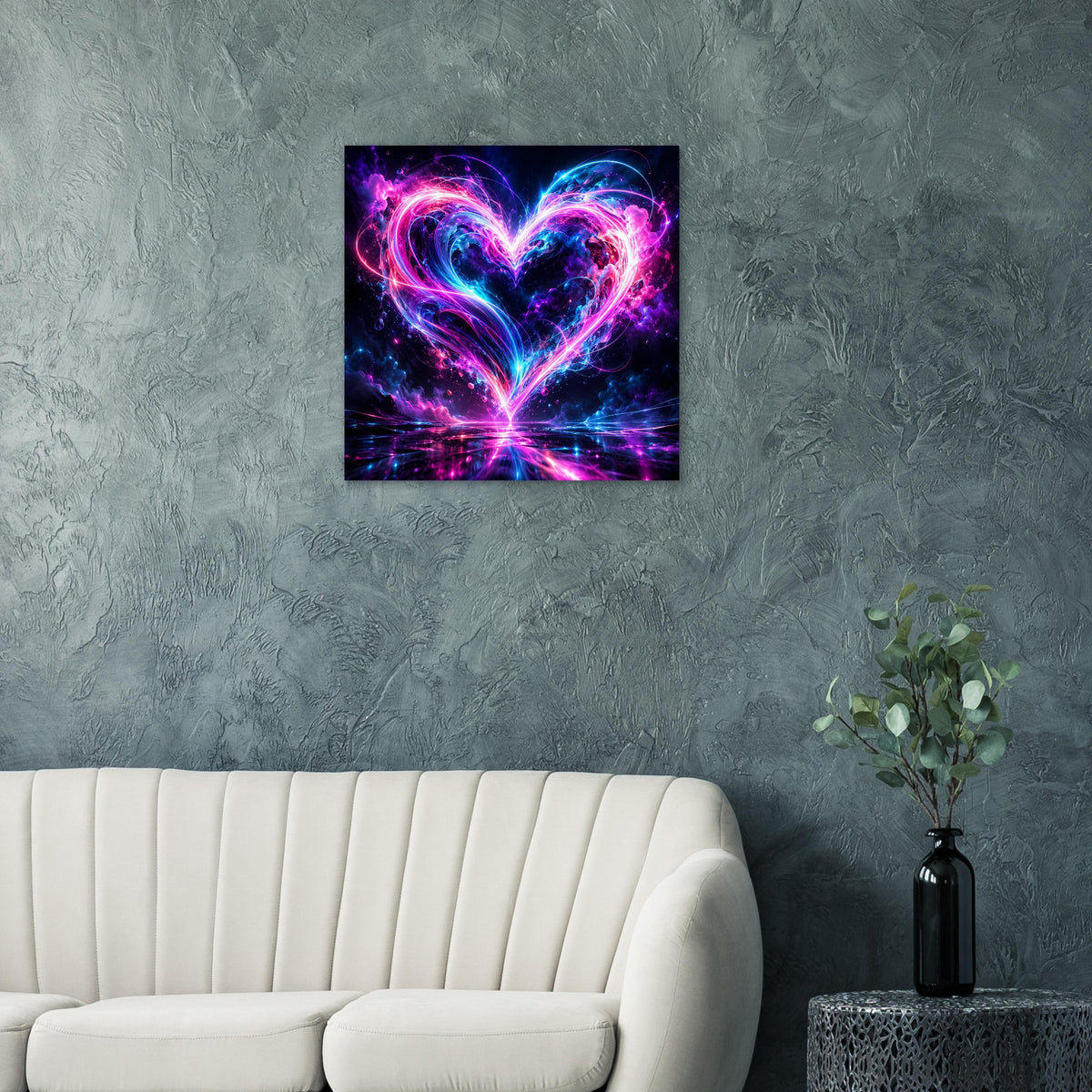 Quadratisches Poster mit Neon-Herz in Pink und Blau, leuchtende Lichtlinien