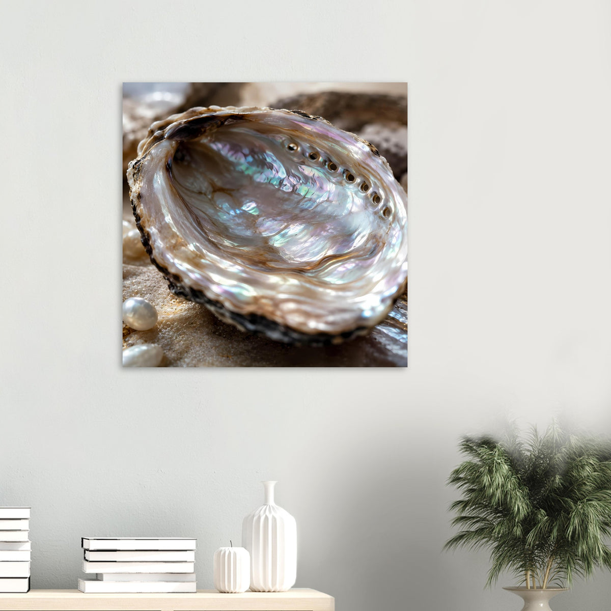 Kleines Poster mit schillernder Abalone-Muschel, Perlmuttglanz und dunkler Kante