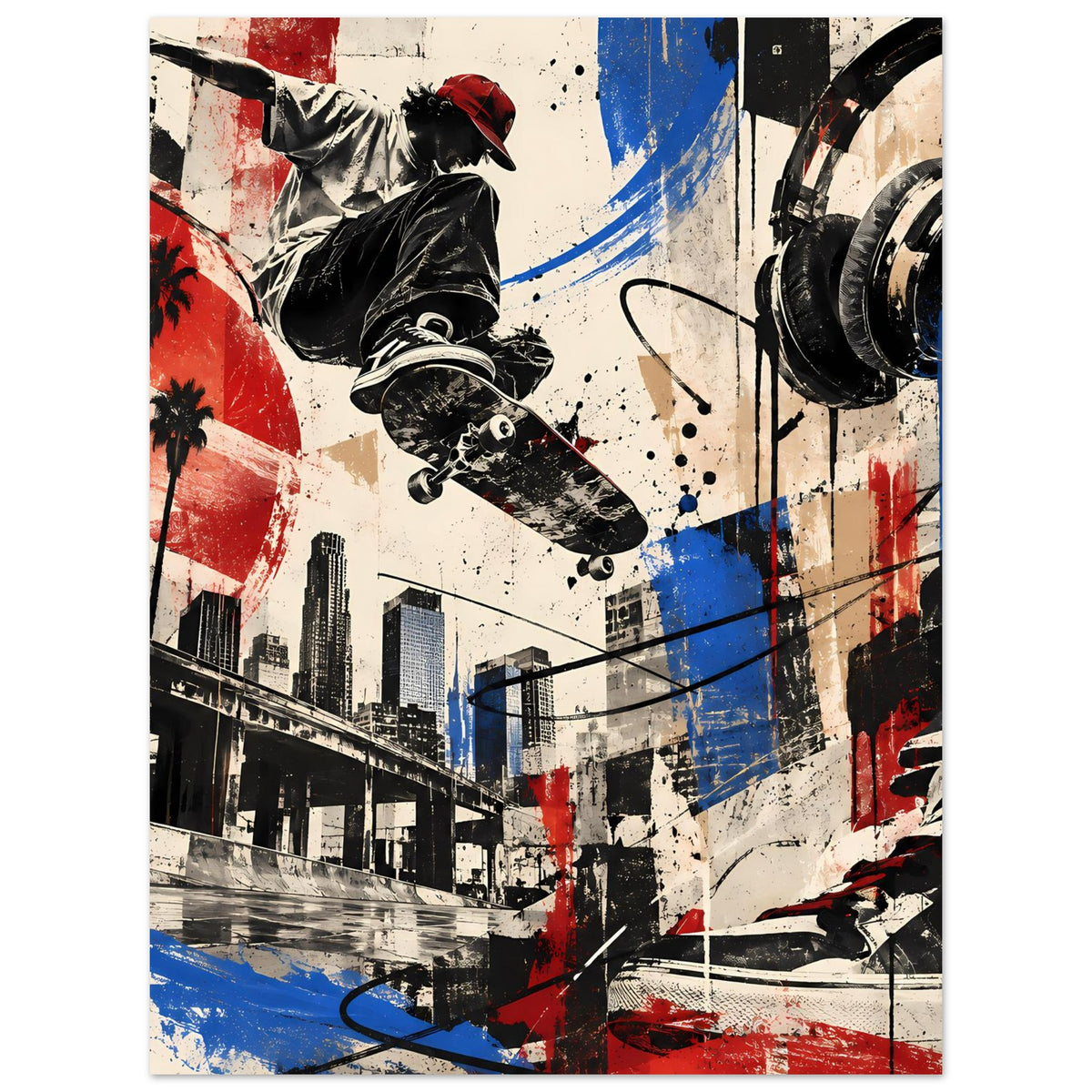 Poster mit Skateboarder, großem Kontrast aus Schwarz, Rot und Blau, Stadtszene