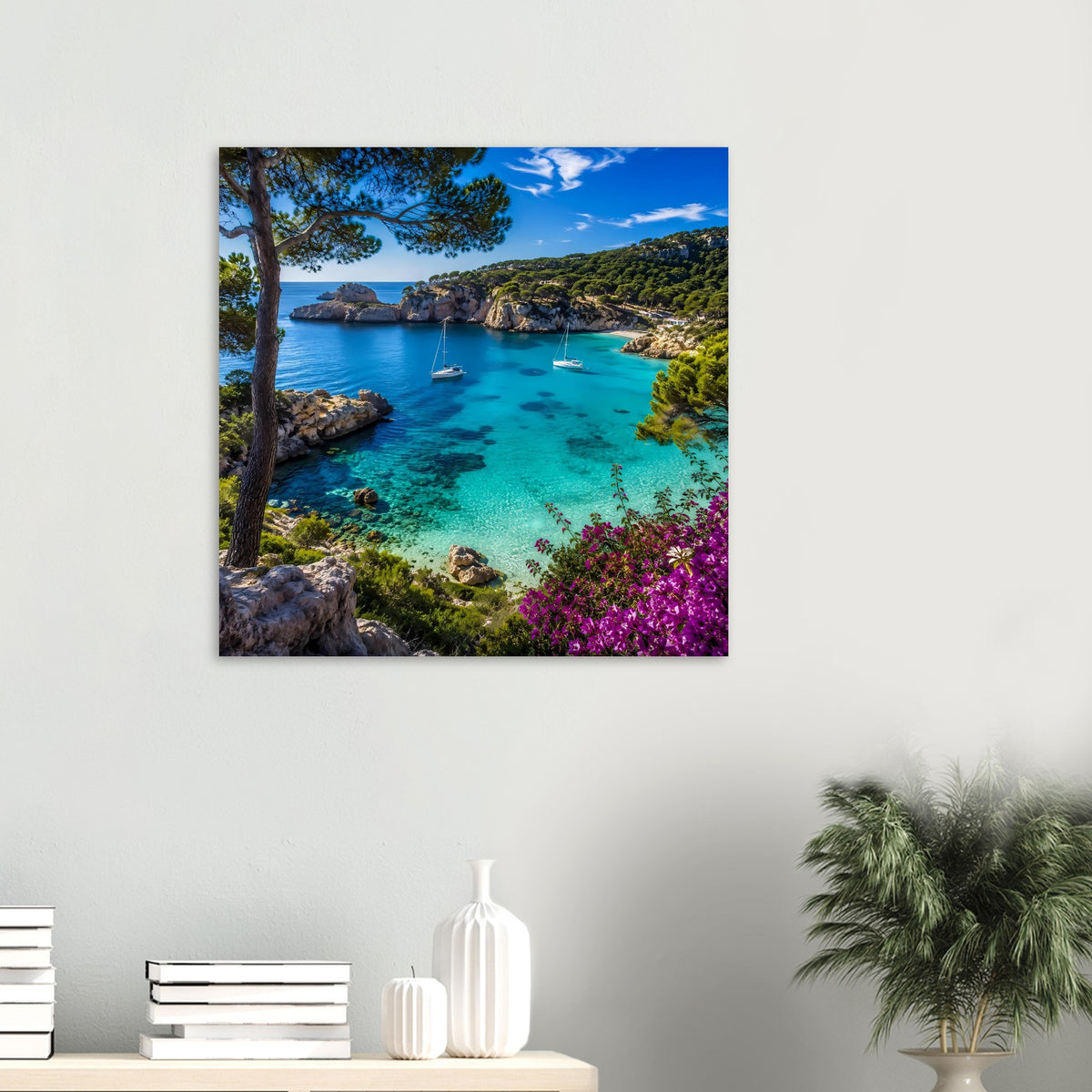 Küstenposter (klein): türkisblaues Meer, Segelboote, Küstenfelsen, Pinien und violette Blüten.