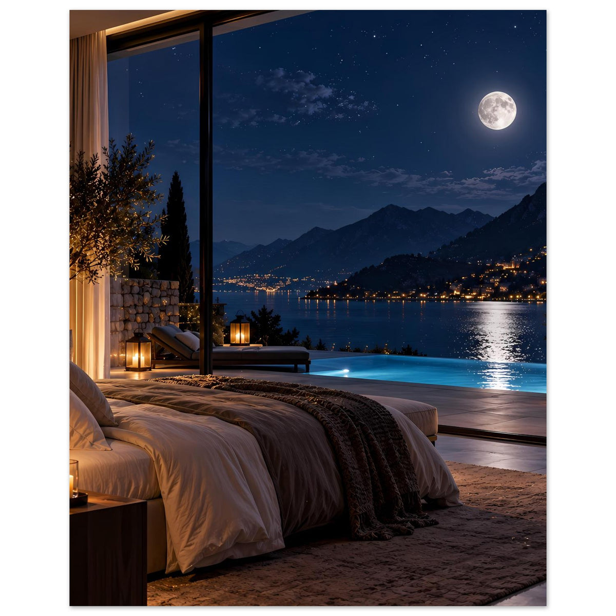 Poster im Hochformat: Schlafzimmerfenster mit Blick auf Mond, Berge und See bei Nacht.